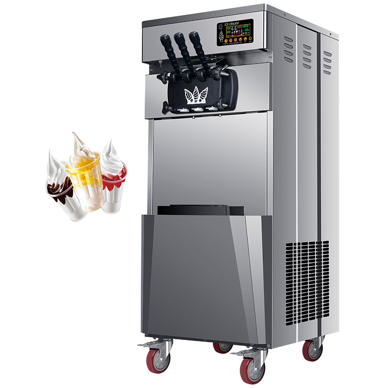 What significant improvements have been made to the energy efficiency of the double compressor no-cleaning vertical soft ice cream machine with pre-cooling?